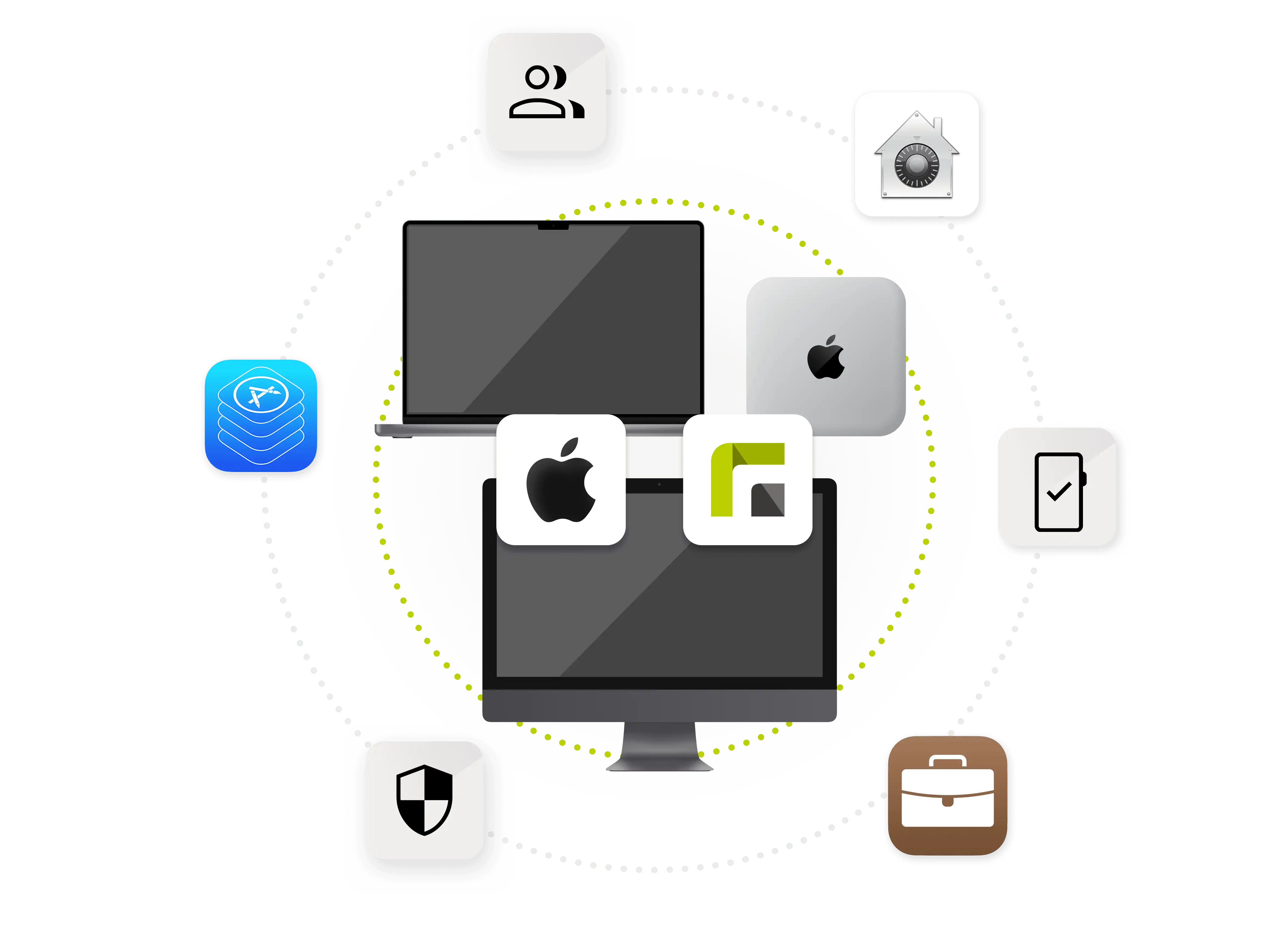 Illustration von Apple-Geräten mit Apple- und Relution-Logo, umgeben von verschiedenen Funktionssymbolen