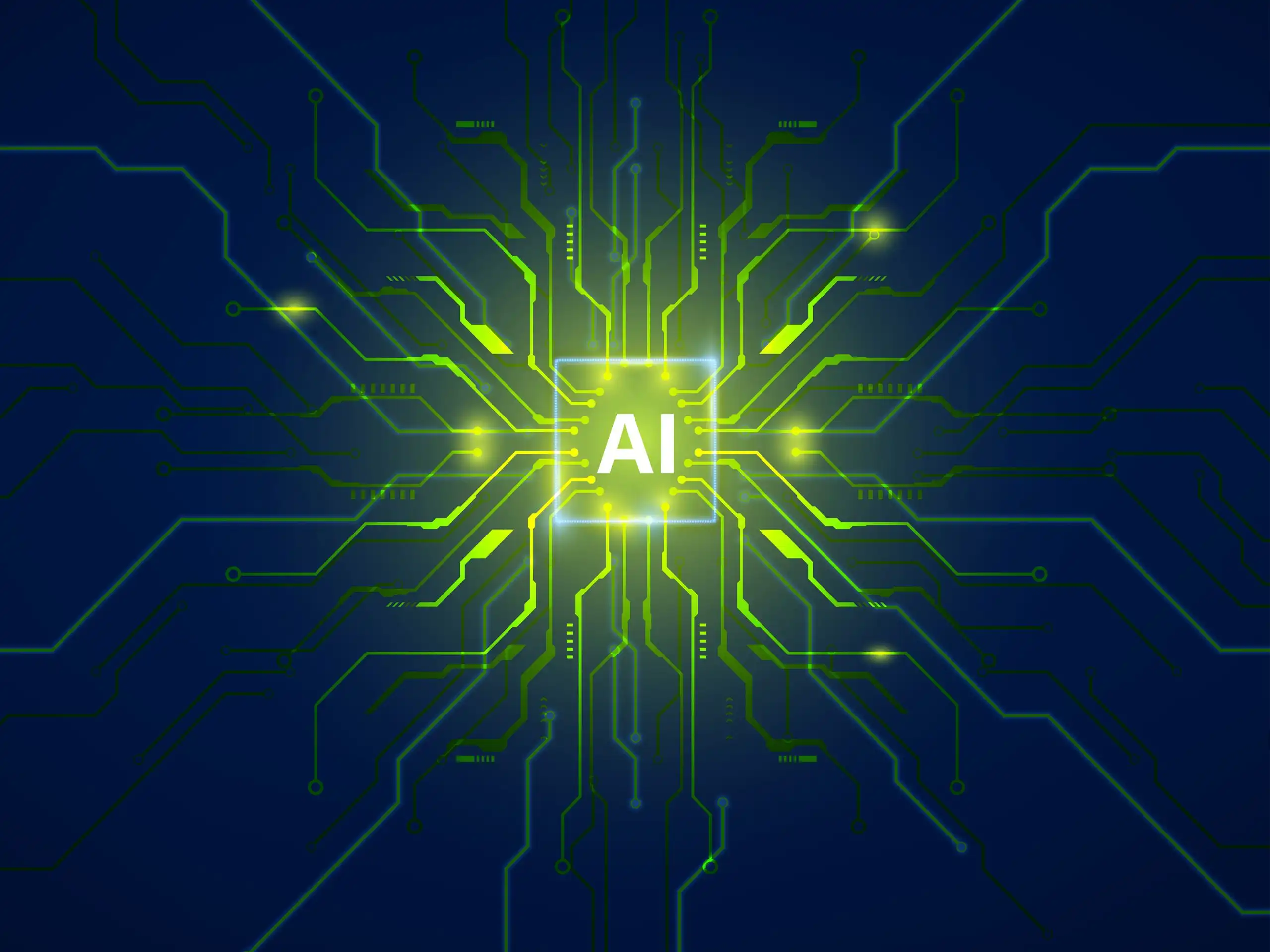 Digitale Illustration eines leuchtenden Chips mit der Aufschrift „AI", von dem grüne Leiterbahnen vor dunkelblauem Hintergrund ausgehen
