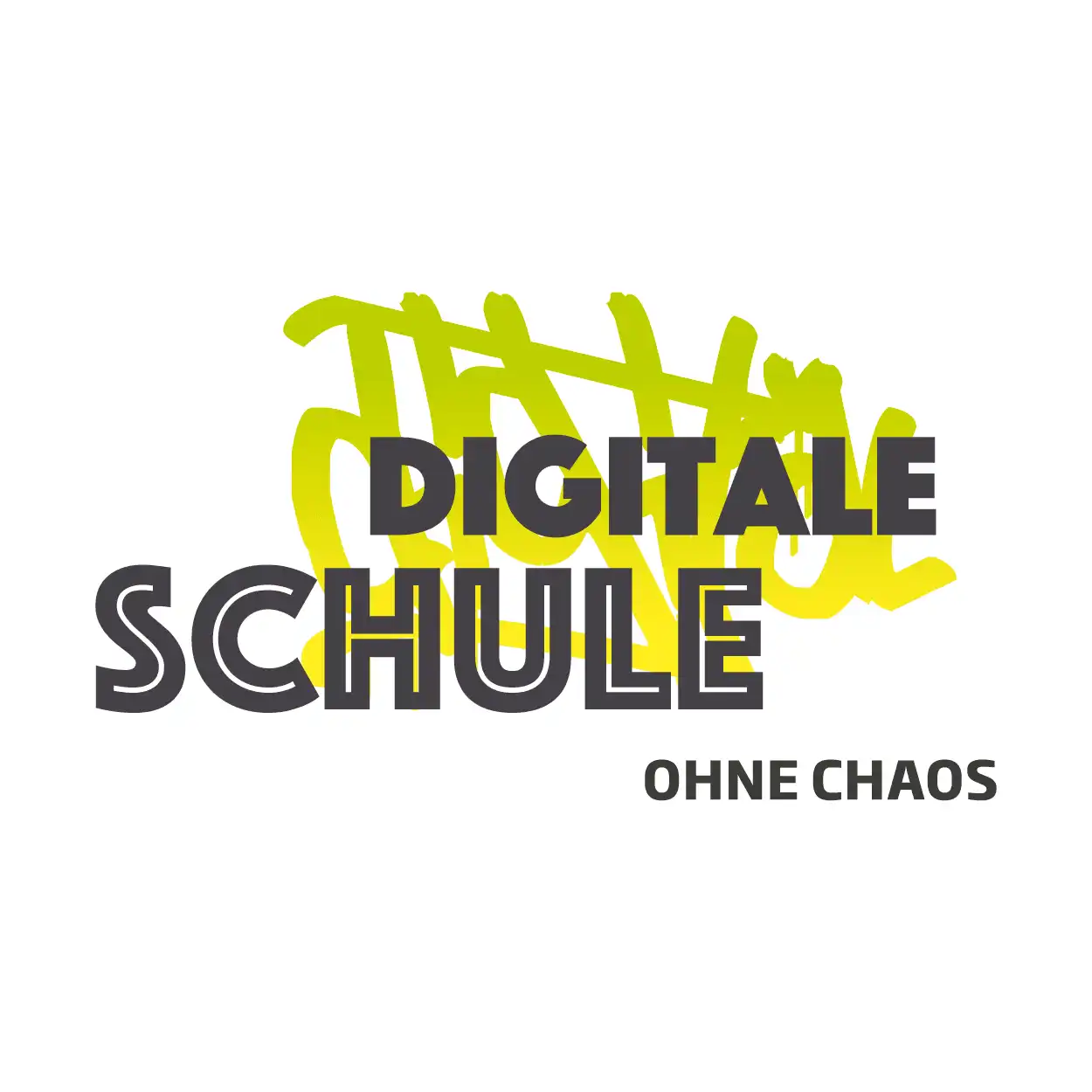 Der Schriftzug "Digitale Schule ohne Chaos" in gelb-grün wird auf weißem Untergrund angezeigt