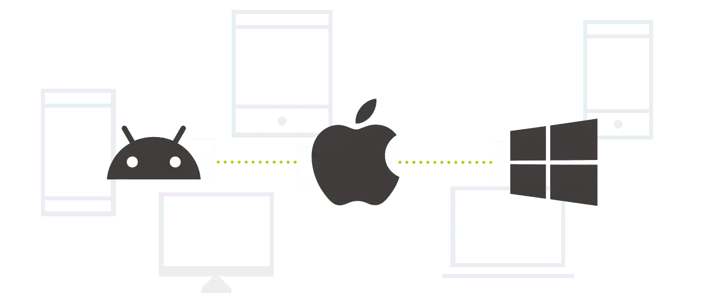 Stilisierte Icons von Android, Apple und Windows sind sichtbar; alle sind durch eine gestrichelte grüne Linie im Hintergrund verbunden