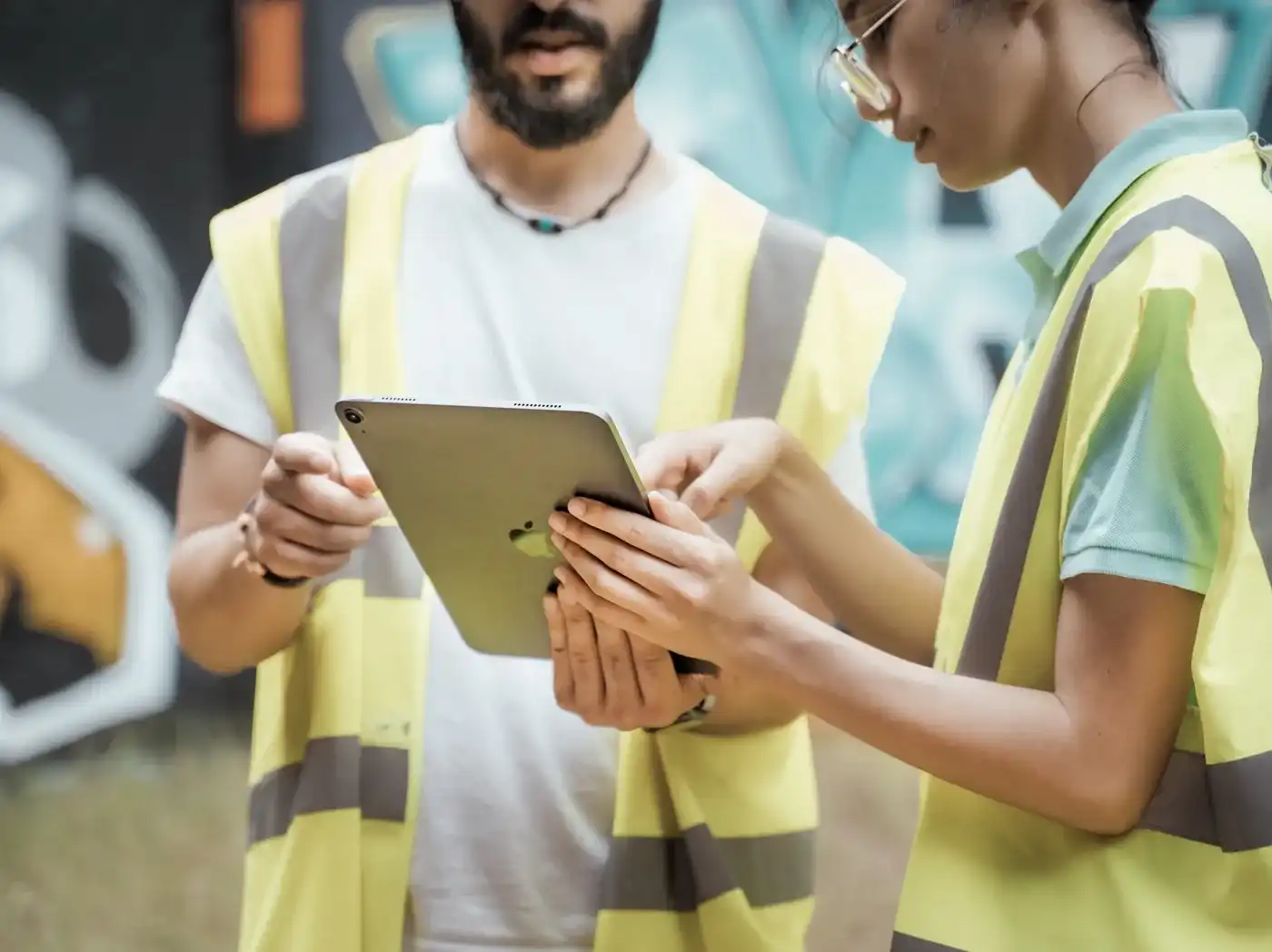 Zwei Personen in gelben Warnwesten arbeiten mit einem iPad und blicken auf dessen Bildschirm
