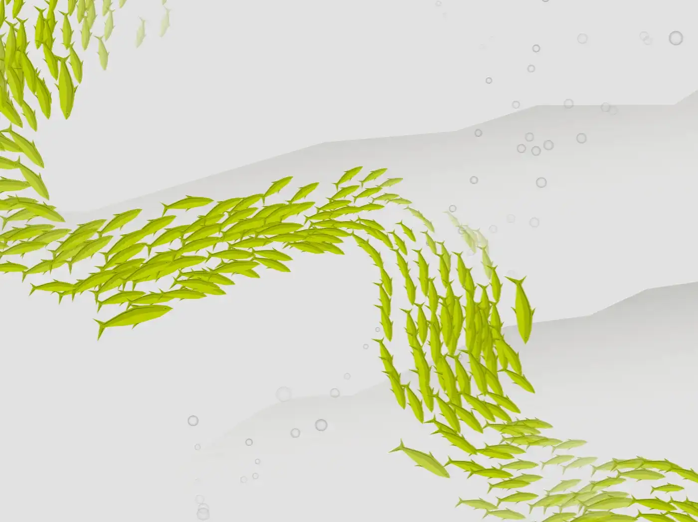 Ein Fischschwarm mit grünen Fischen schwimmt vom oberen, linken Teil des Bilds nach unten rechts durch angedeutetem Wasser in grauer Farbe
