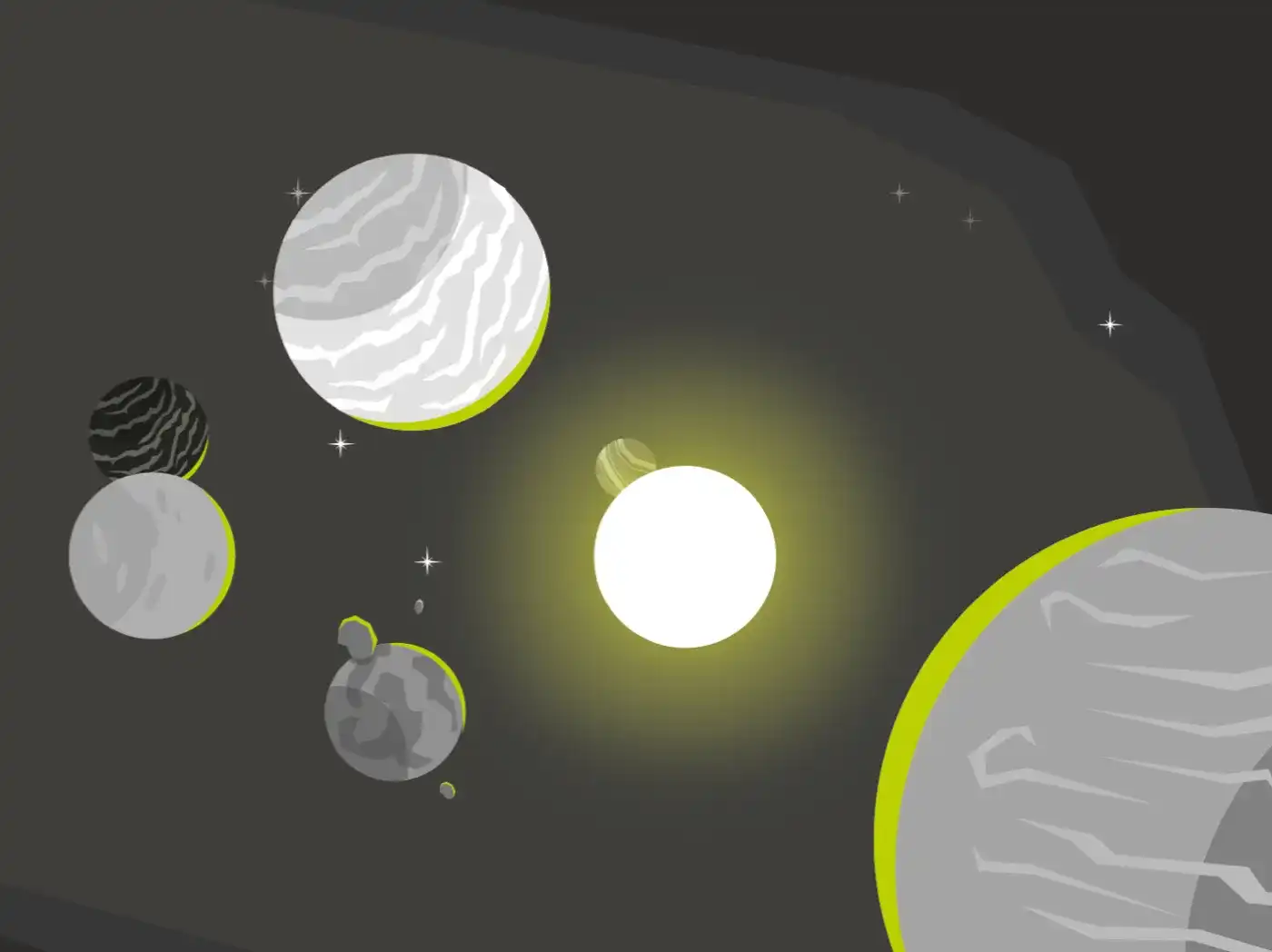 Eine Glühlampe wird in einem grauen All gezeigt, angeleuchtet wird ein Planet in Relution Grün