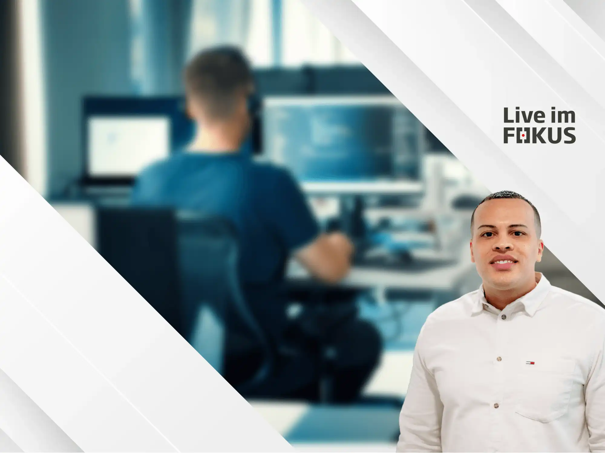 Sales Mann steht im Vordergrund, Support leistet im Hintergrund Remote Support