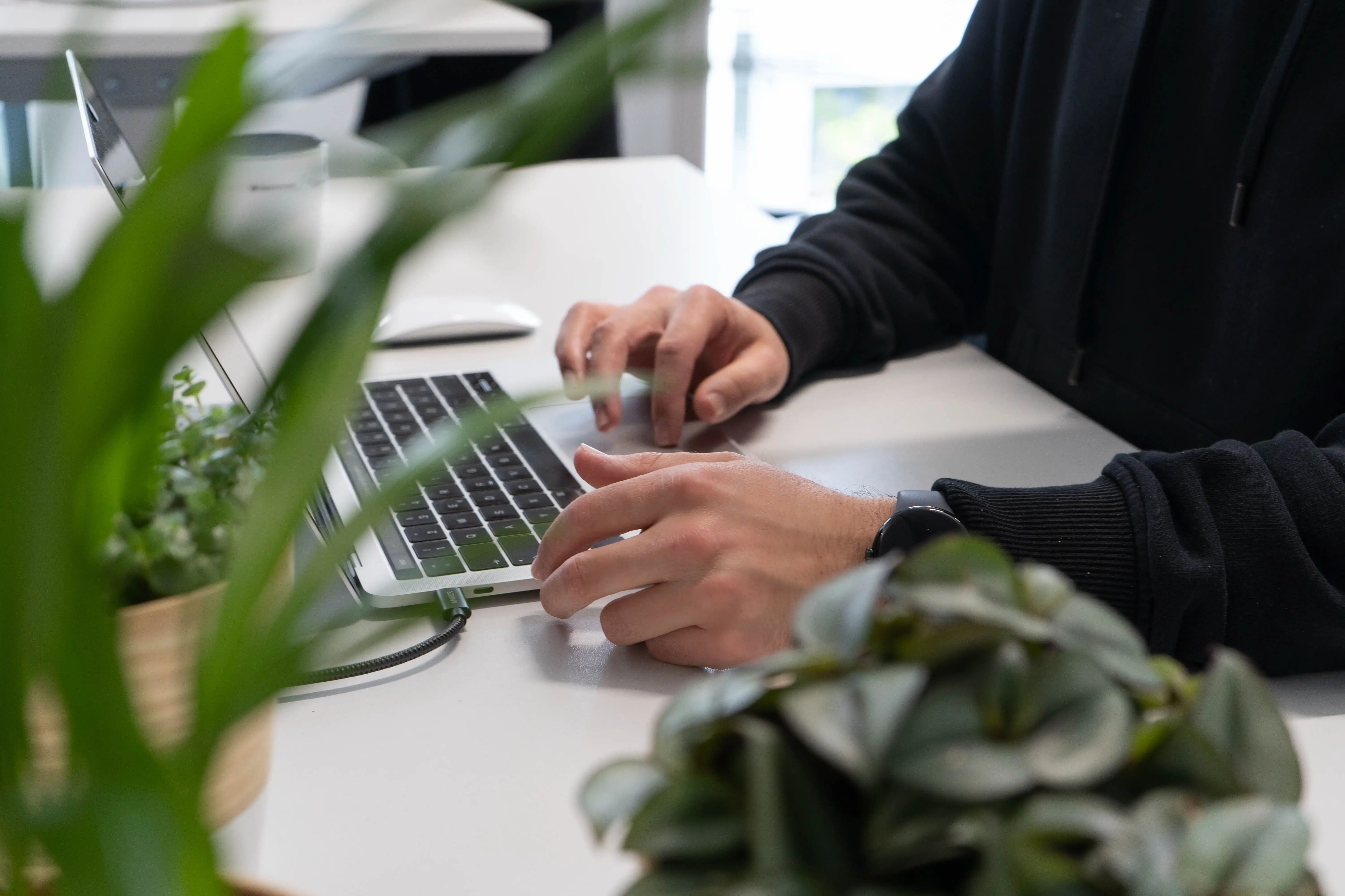 Auf einem Tisch stehen viele Pflanzen, einige befinden sich im Vordergrund, und in der Mitte des Bildes sitzt eine Person, die an einem MacBook arbeitet