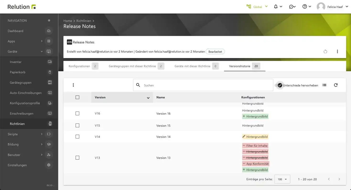 Screenshot der Relution-Oberfläche "Release Notes" mit der Versionshistorie einer Richtlinie und je Version hervorgehobenen Änderungen.